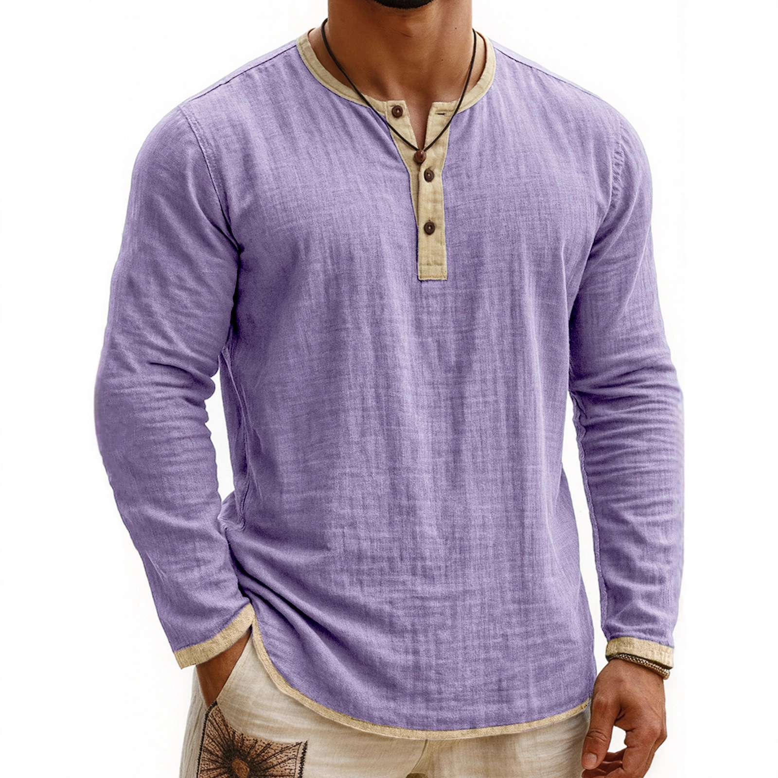 Digital Printing Two-tone Henley Shirt 3-button Men's Casual Long Sleeve - Image 7