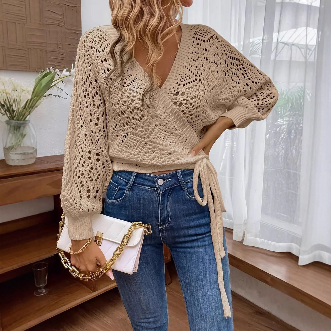 Solid Color And V-neck Lace-up Elegant Lantern Sleeve Long Sleeve - Image 3