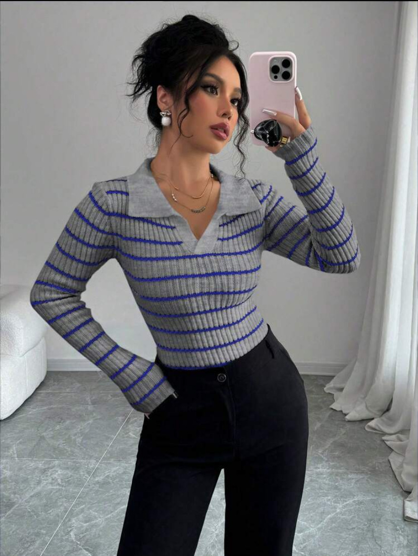 Striped Long Sleeve T-shirt Slim Fit Base Knitting Women - Image 6