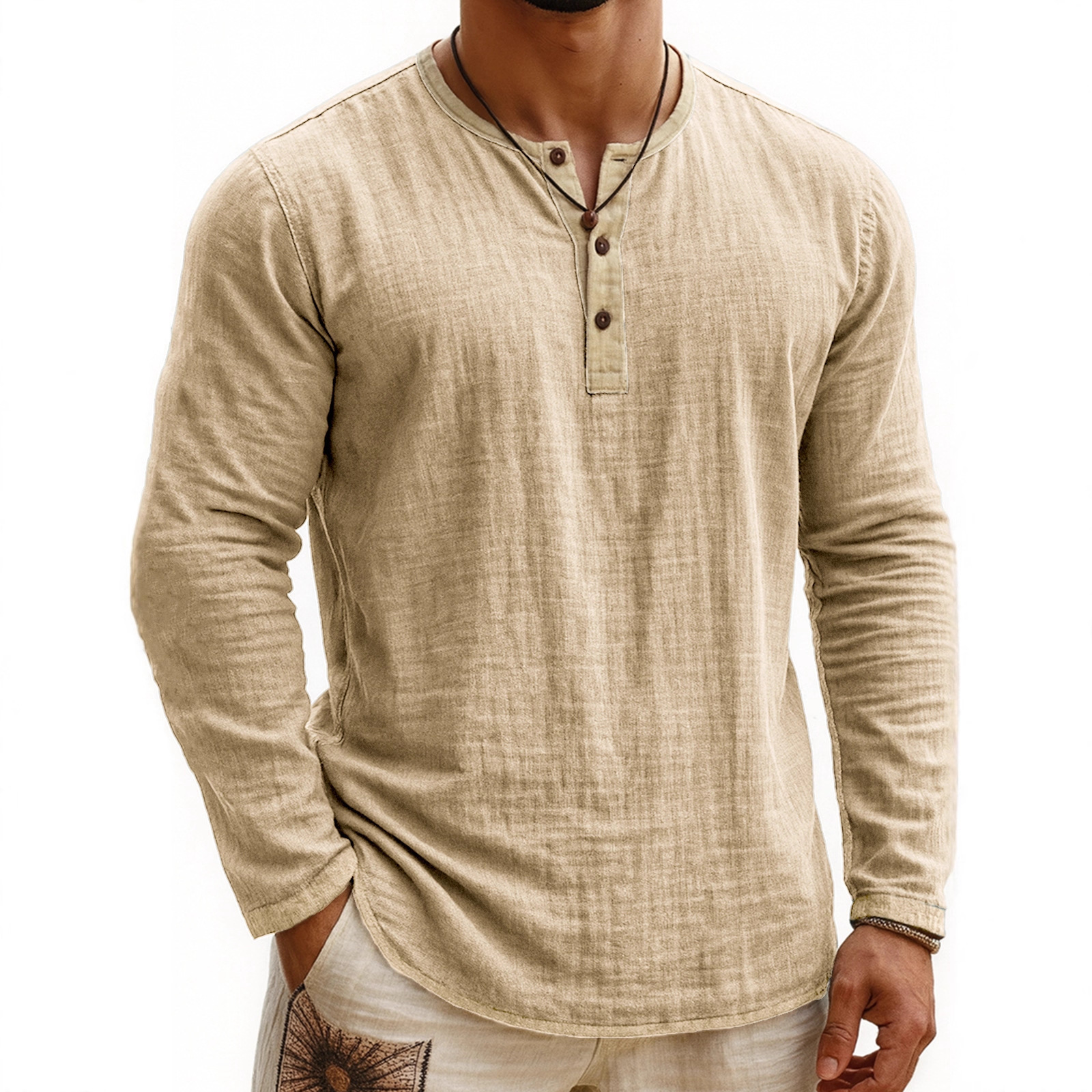 Digital Printing Two-tone Henley Shirt 3-button Men's Casual Long Sleeve - Image 8