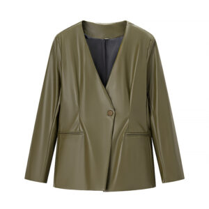 Women's Long-sleeved V-neck Leather Jacket