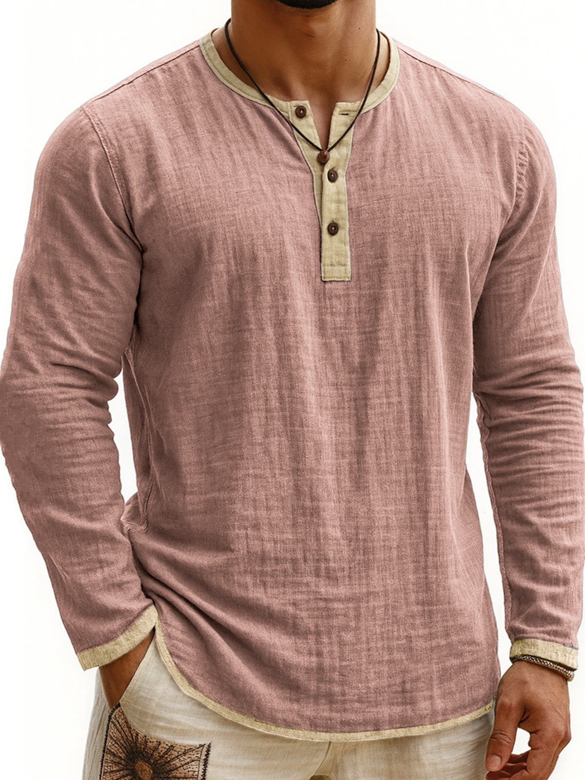 Digital Printing Two-tone Henley Shirt 3-button Men's Casual Long Sleeve - Image 5