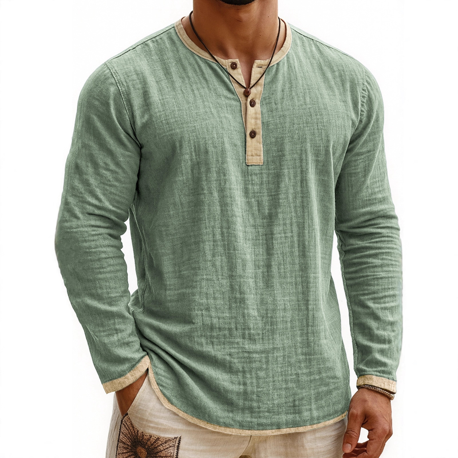 Digital Printing Two-tone Henley Shirt 3-button Men's Casual Long Sleeve - Image 6