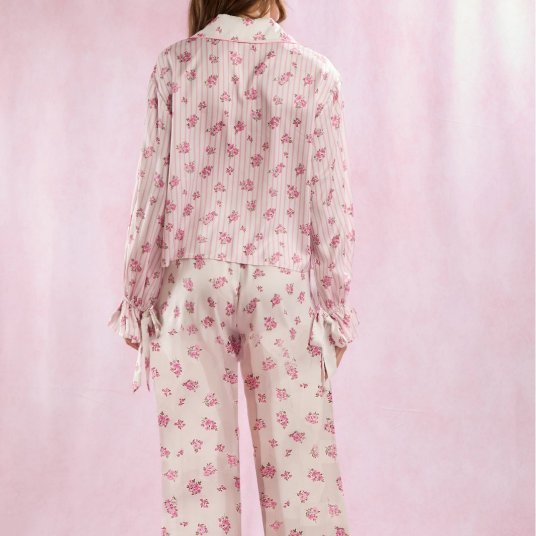 Silk-like Printed Floral Long-sleeved Lapel Pajamas Suit - Image 6