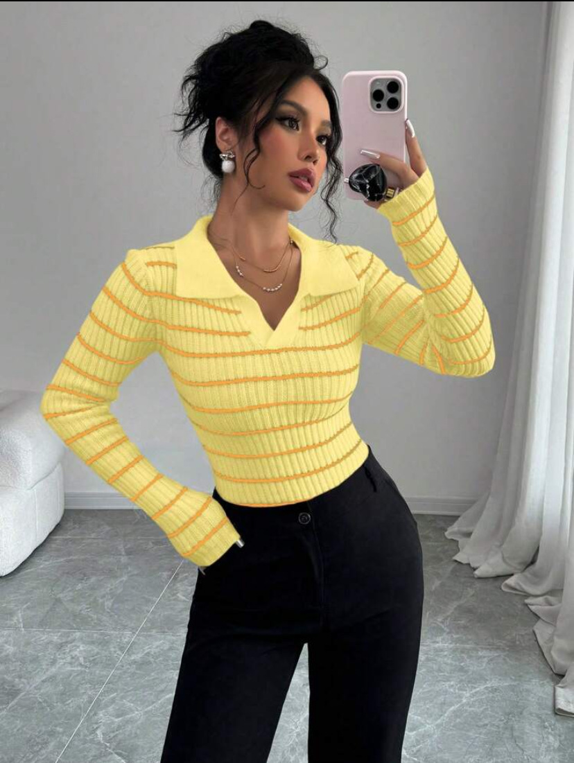 Striped Long Sleeve T-shirt Slim Fit Base Knitting Women - Image 3