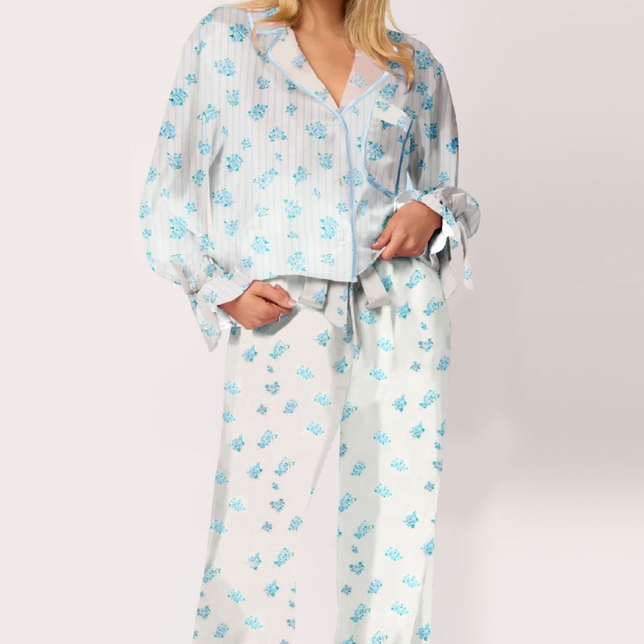 Silk-like Printed Floral Long-sleeved Lapel Pajamas Suit - Image 4