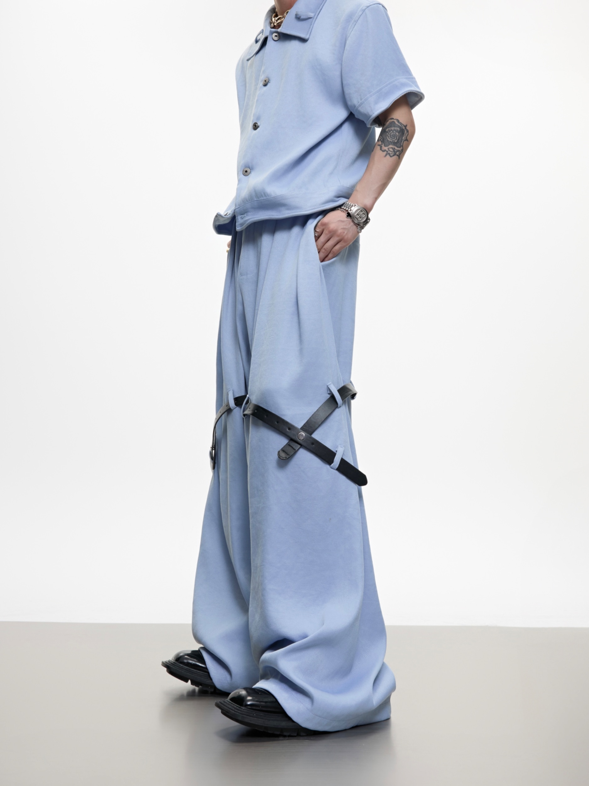 Ice Solid Color Advanced Suit Belt Stitching Pants - Image 5