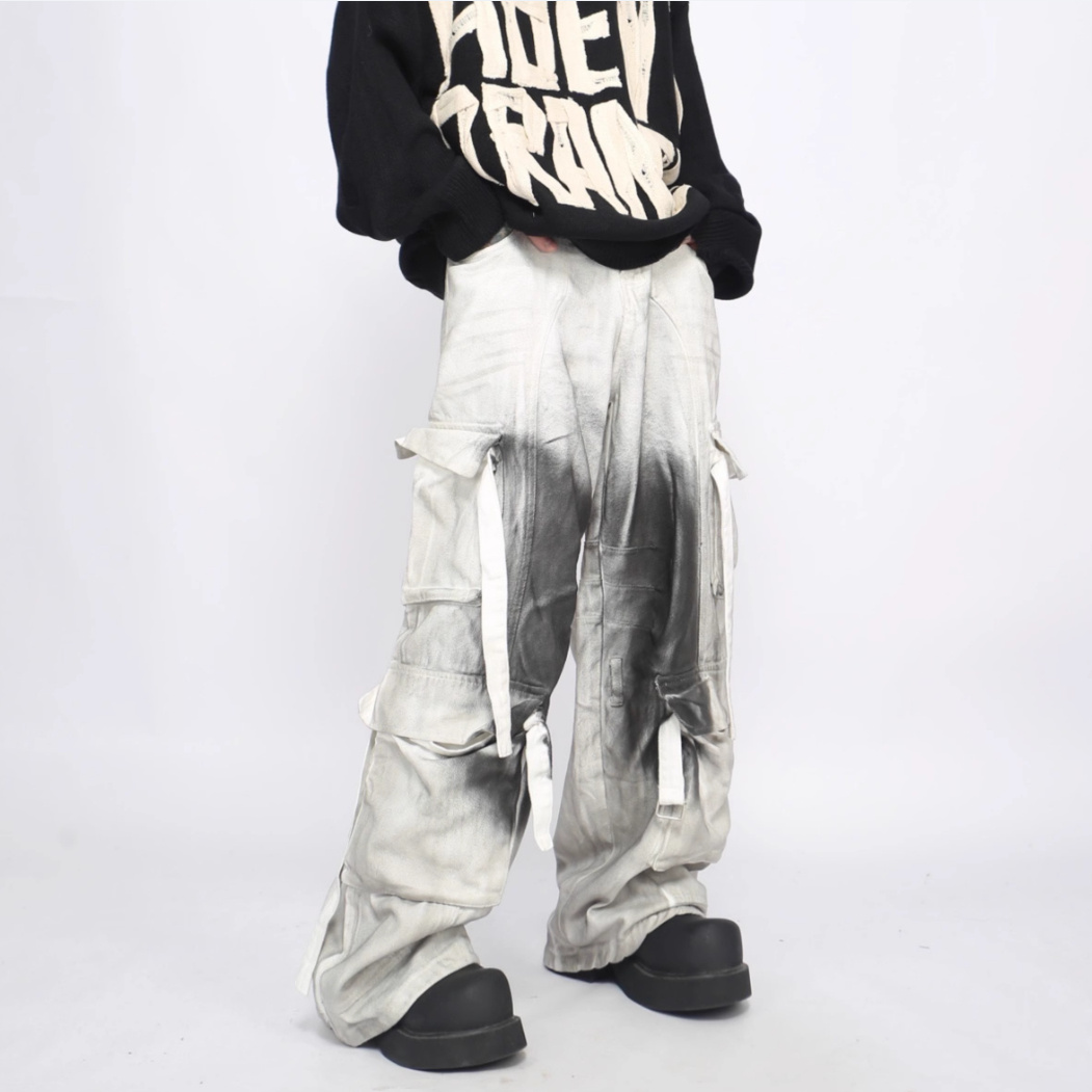 Splash Ink Multi-pocket Cargo Pants Men's Loose Straight Mopping Pants
