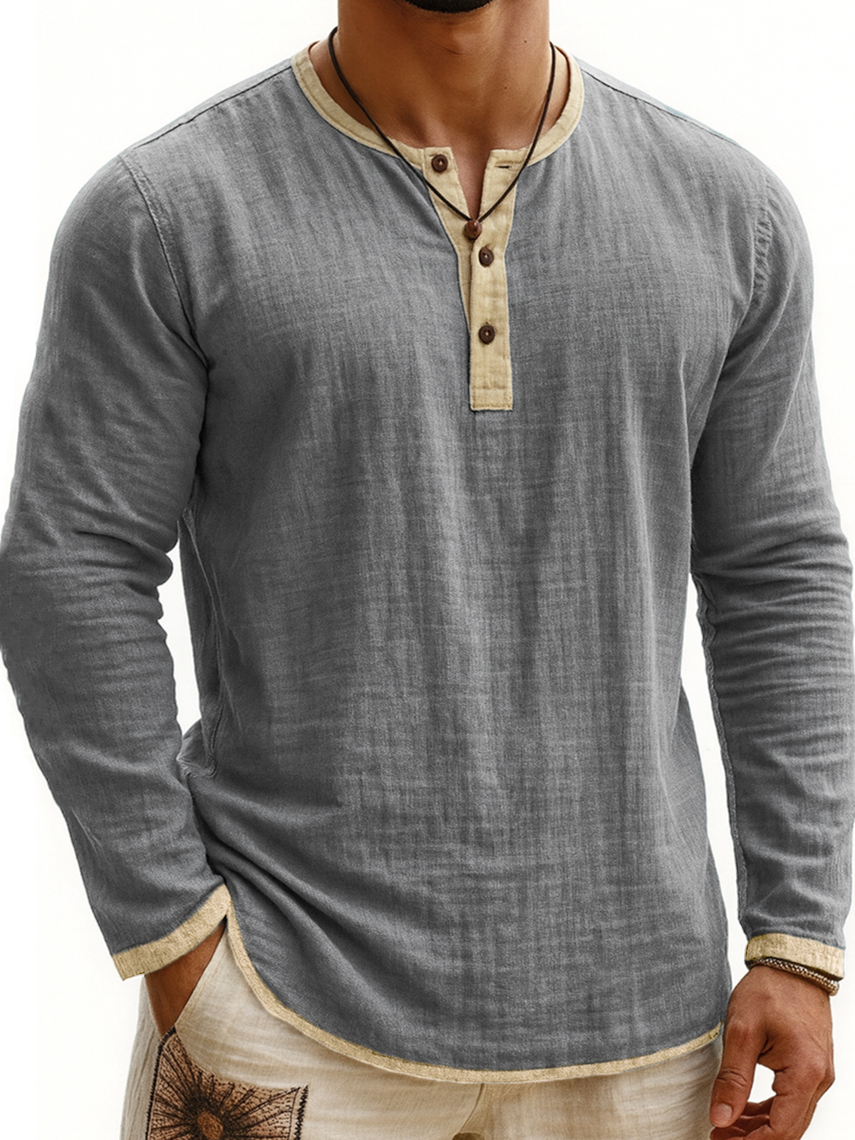 Digital Printing Two-tone Henley Shirt 3-button Men's Casual Long Sleeve - Image 10