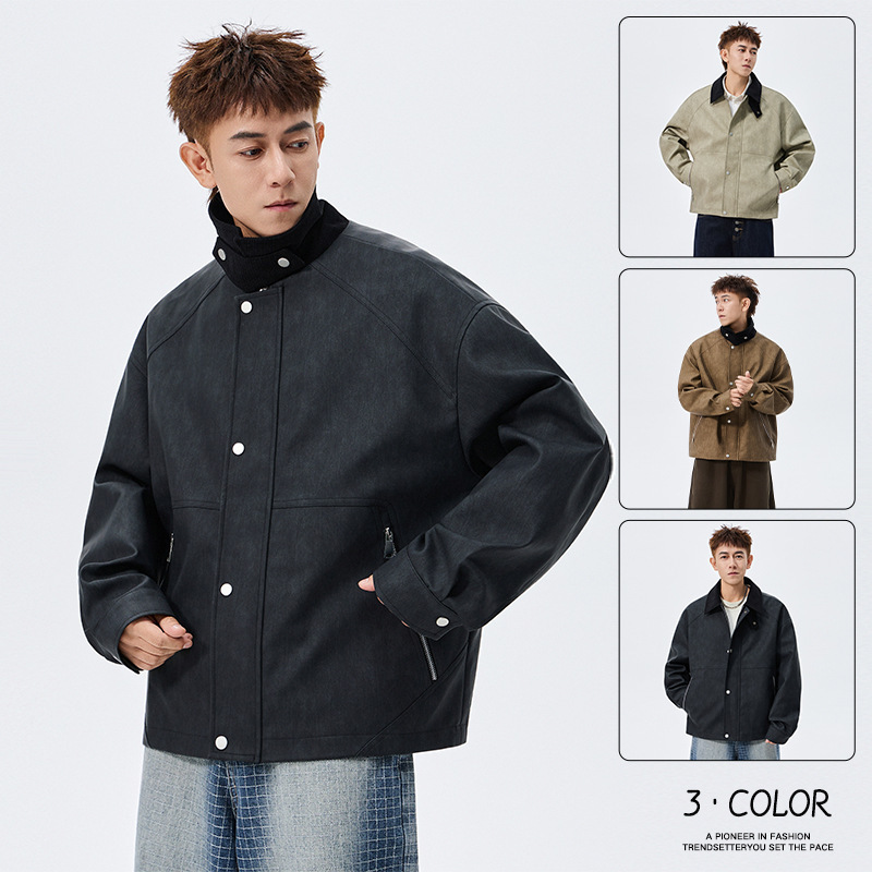 Large Size Men's PU Leather Coat Polo Collar Jacket - Image 6
