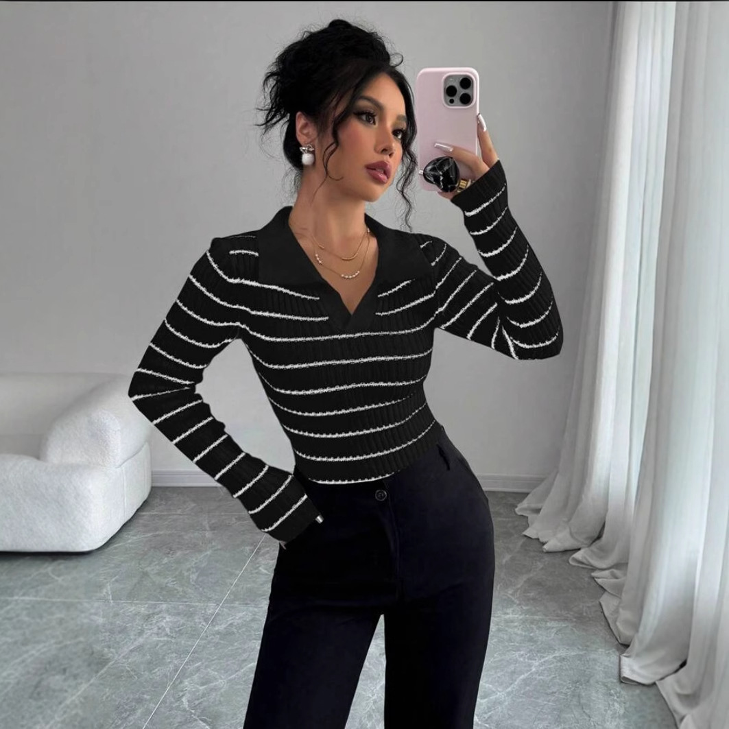 Striped Long Sleeve T-shirt Slim Fit Base Knitting Women - Image 5
