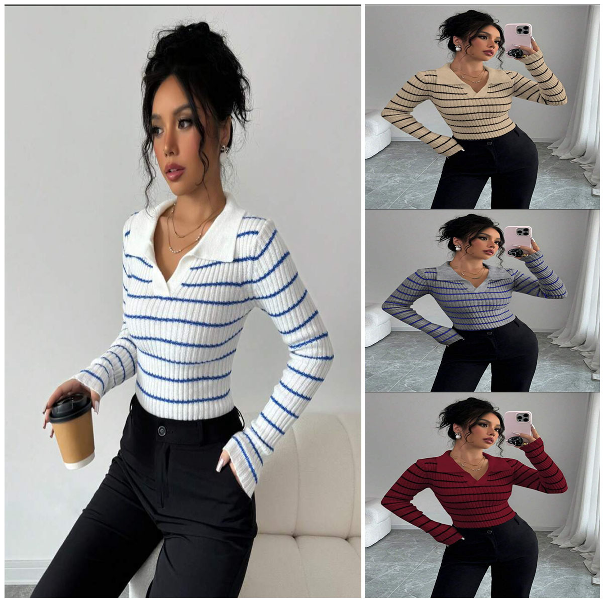 Striped Long Sleeve T-shirt Slim Fit Base Knitting Women - Image 2