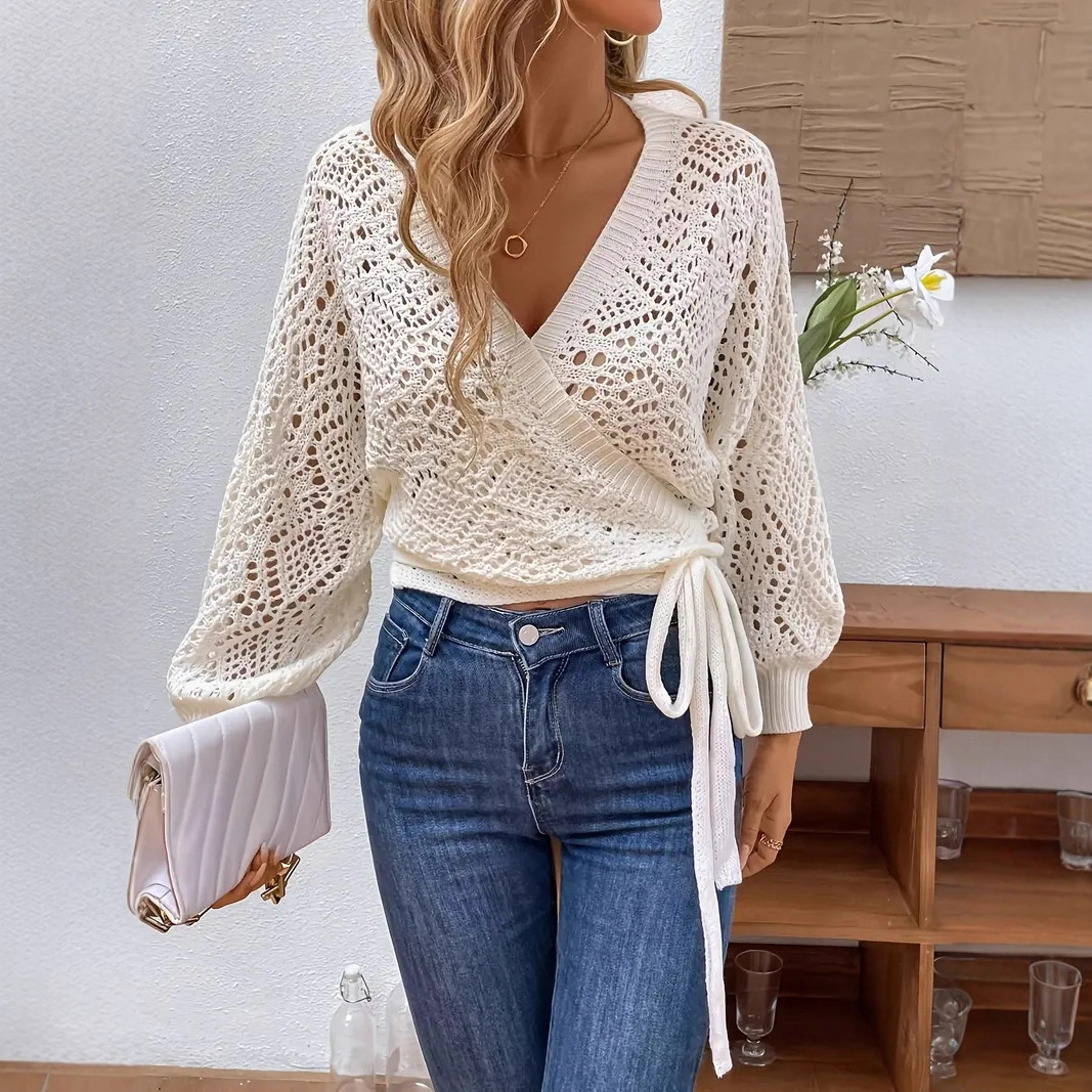 Solid Color And V-neck Lace-up Elegant Lantern Sleeve Long Sleeve - Image 5