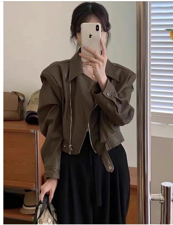 Women's Retro Long-sleeved Leather Coat Jacket - Image 7