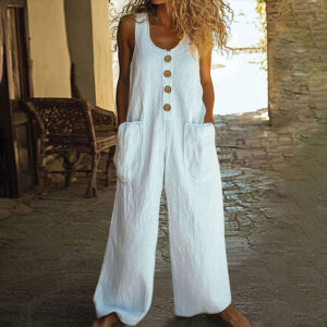 Women's Elegant Wide-Leg Jumpsuit - Button Front Formal & Casual Romper, Lightweight Wear