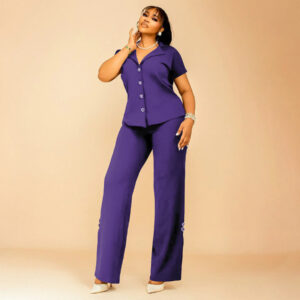 Short Sleeve Button Solid Color Backless Loose Two-piece Suit