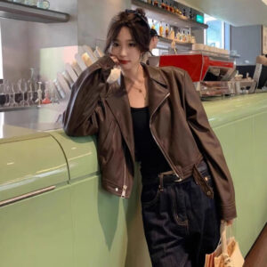 Women's Retro Long-sleeved Leather Coat Jacket