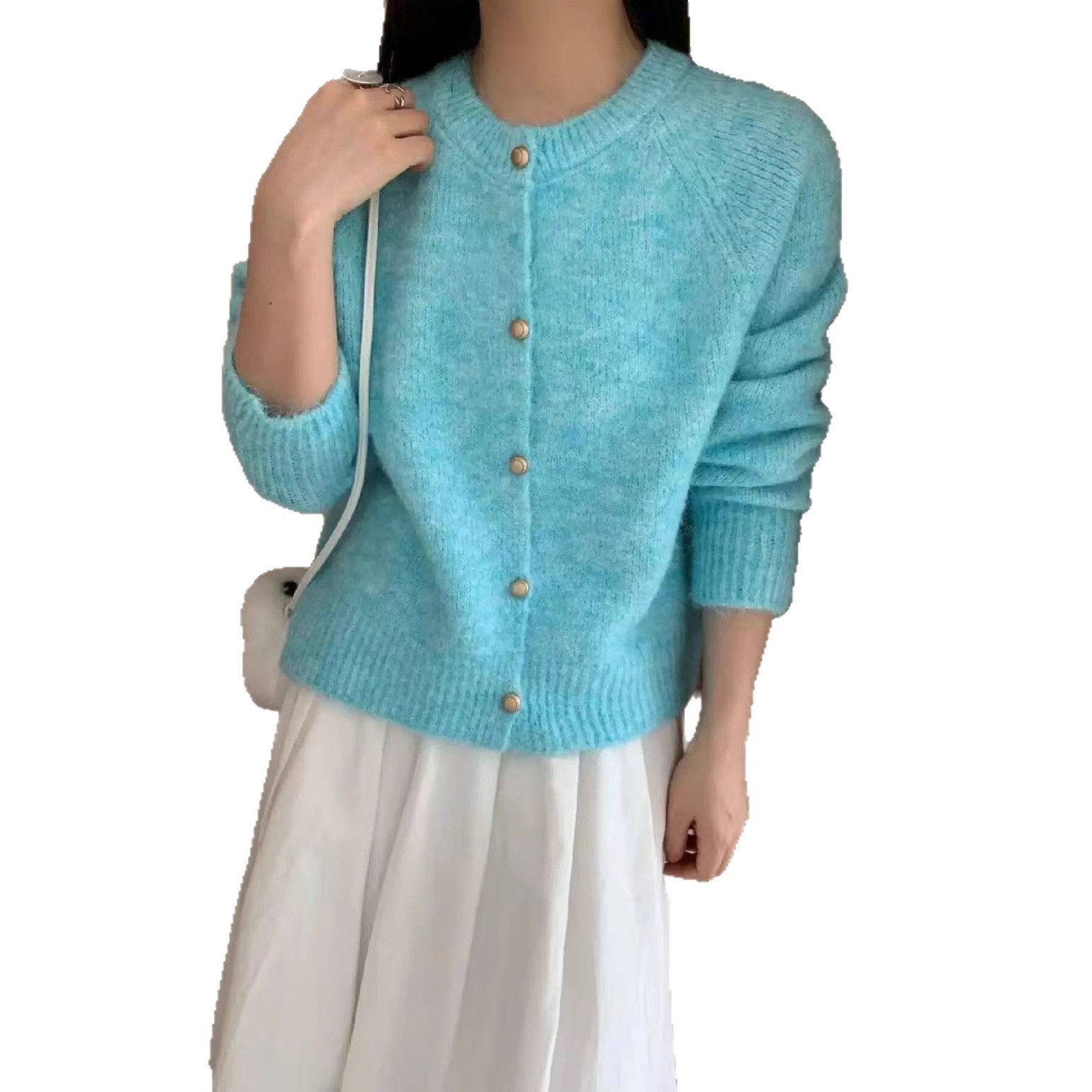 Metal Buckle Round Neck Knitted Cardigan Loose Casual - Image 7