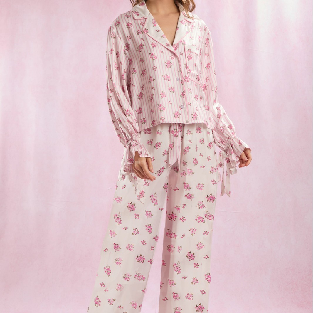 Silk-like Printed Floral Long-sleeved Lapel Pajamas Suit - Image 5