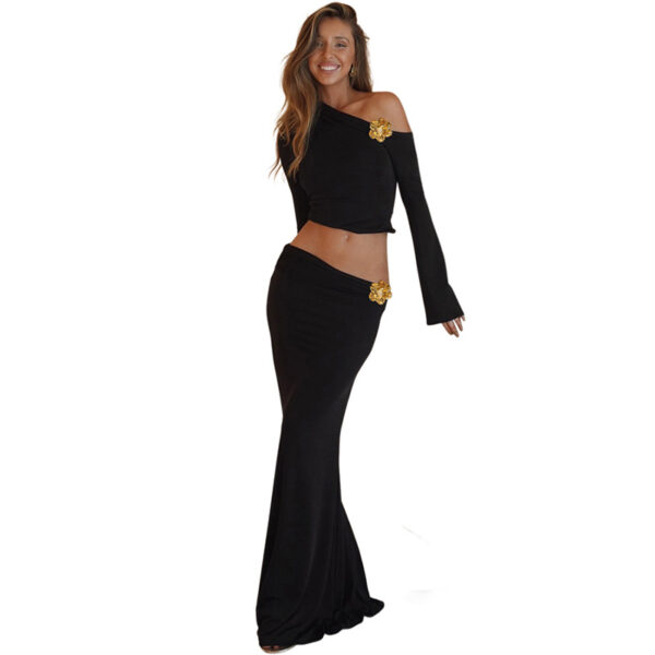 Diagonal Collar Three-dimensional Decoration High Waist Slim Fit Long Dress Suit - Image 4