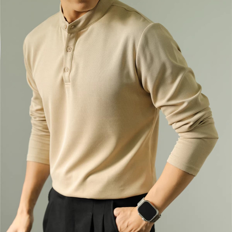 Long Sleeve Polo Shirt Simple Solid Color Fitness Men's Base - Image 3