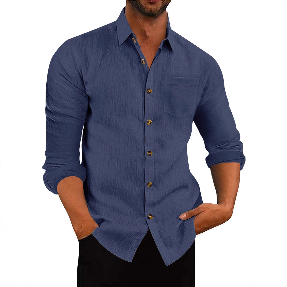 Men's Polo Collar Solid Color Long Sleeve Shirt Linen Loose Casual Cardigan - Image 6