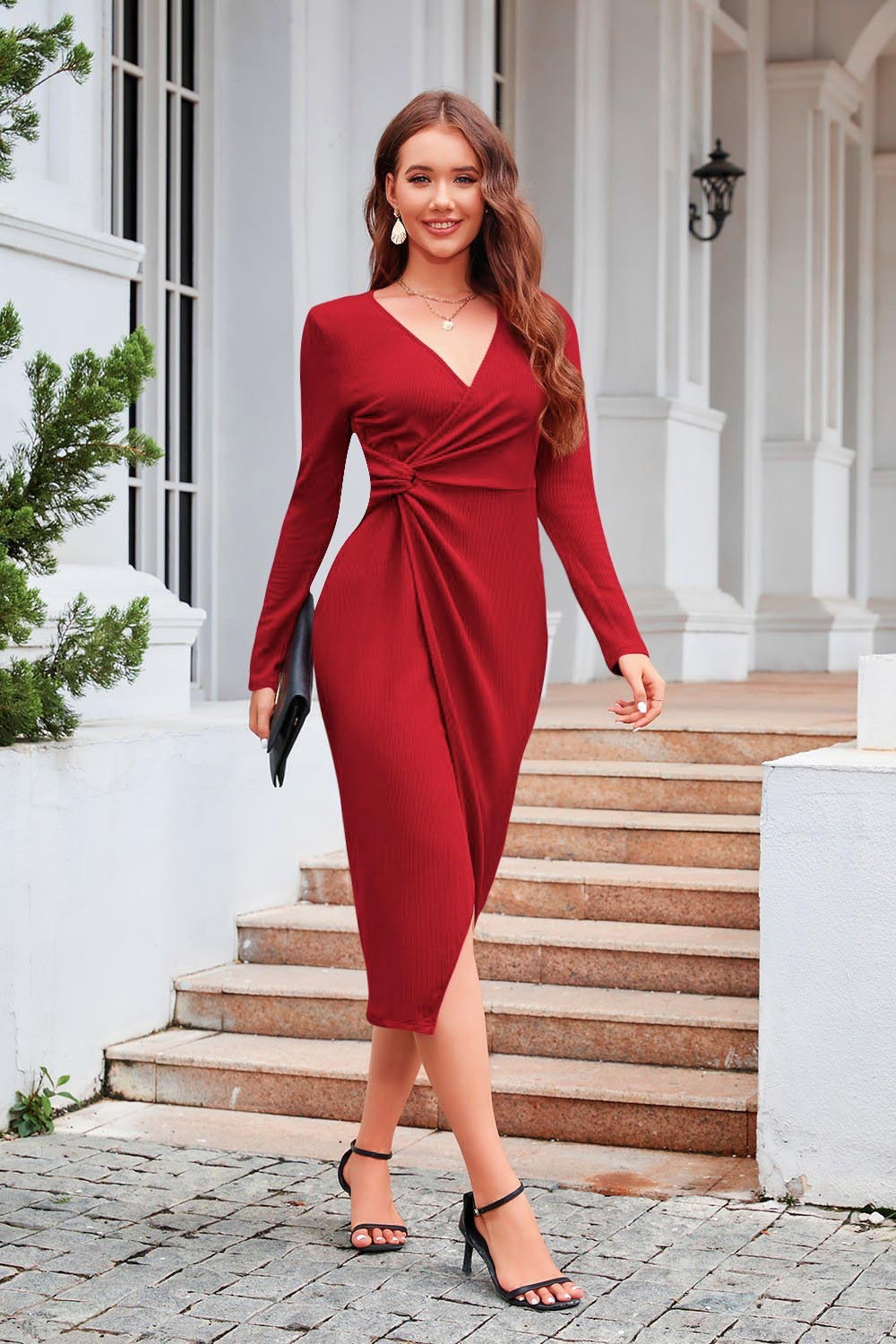 Solid Color V-neck Waist-controlled Slimming Split Long Sleeve Dress - Image 8