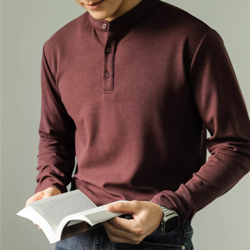 Long Sleeve Polo Shirt Simple Solid Color Fitness Men's Base - Image 2