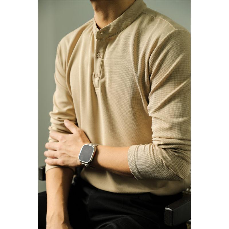 Long Sleeve Polo Shirt Simple Solid Color Fitness Men's Base - Image 4