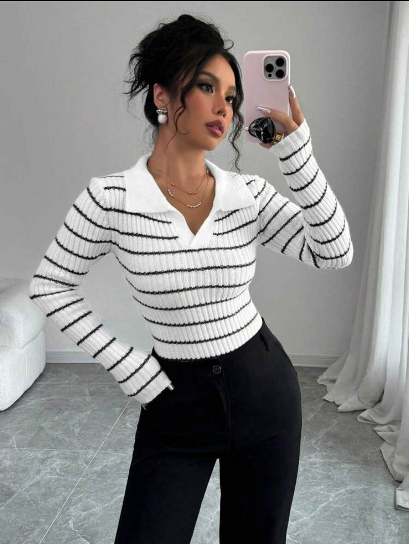 Striped Long Sleeve T-shirt Slim Fit Base Knitting Women - Image 7