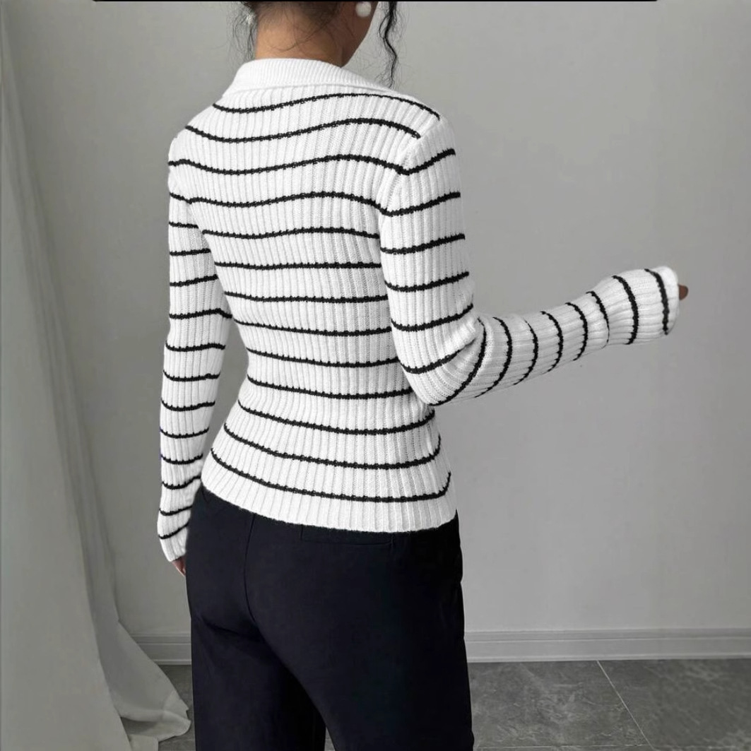 Striped Long Sleeve T-shirt Slim Fit Base Knitting Women - Image 4