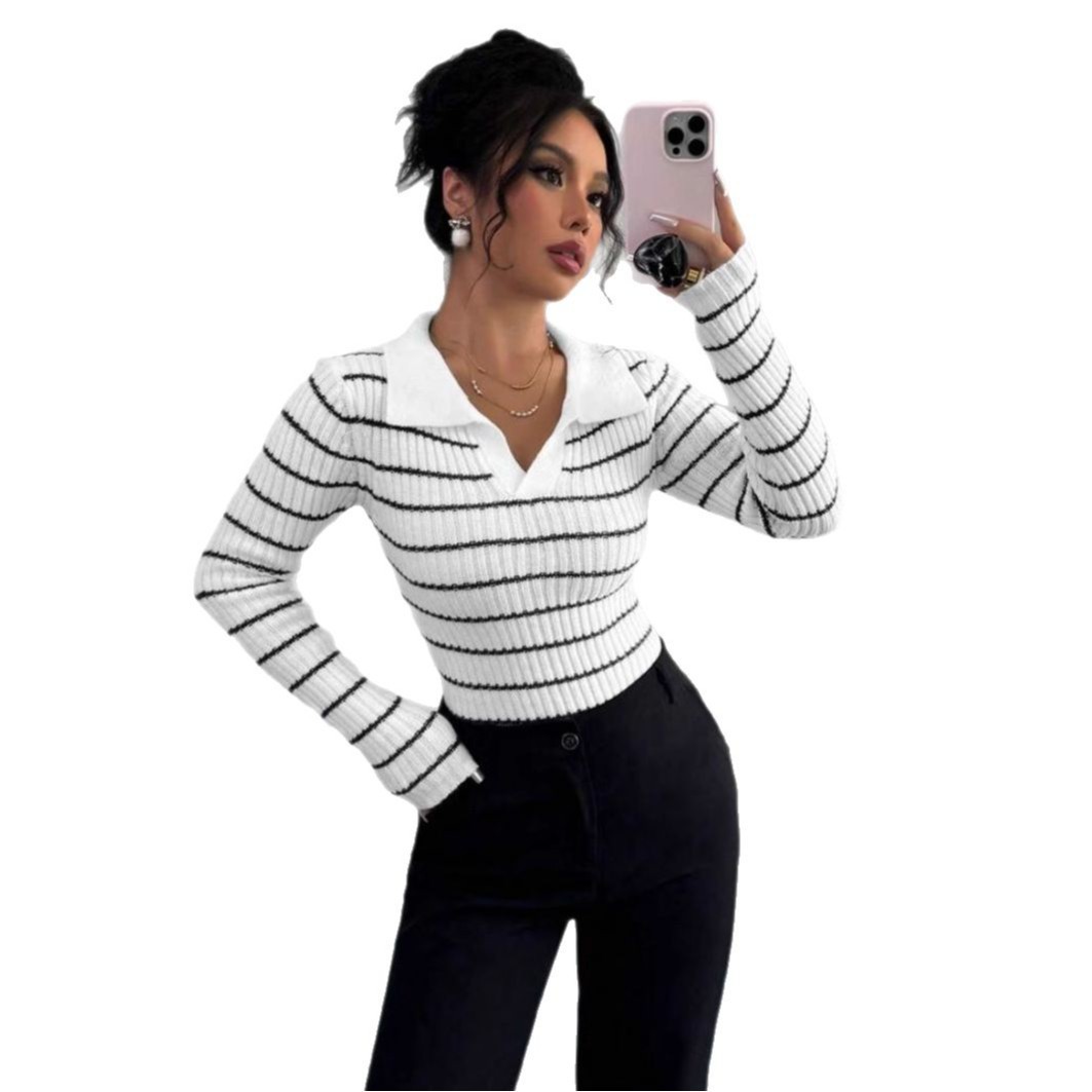 Striped Long Sleeve T-shirt Slim Fit Base Knitting Women - Image 10