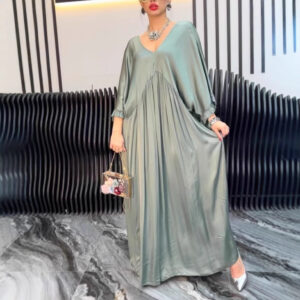Fashion Casual Satin Ruffle Sleeve Pleated Dress Long Dress