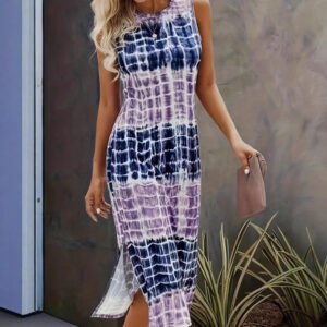 European And American Tie-dye Printed Slit Hemline At Hem Sleeveless Dress