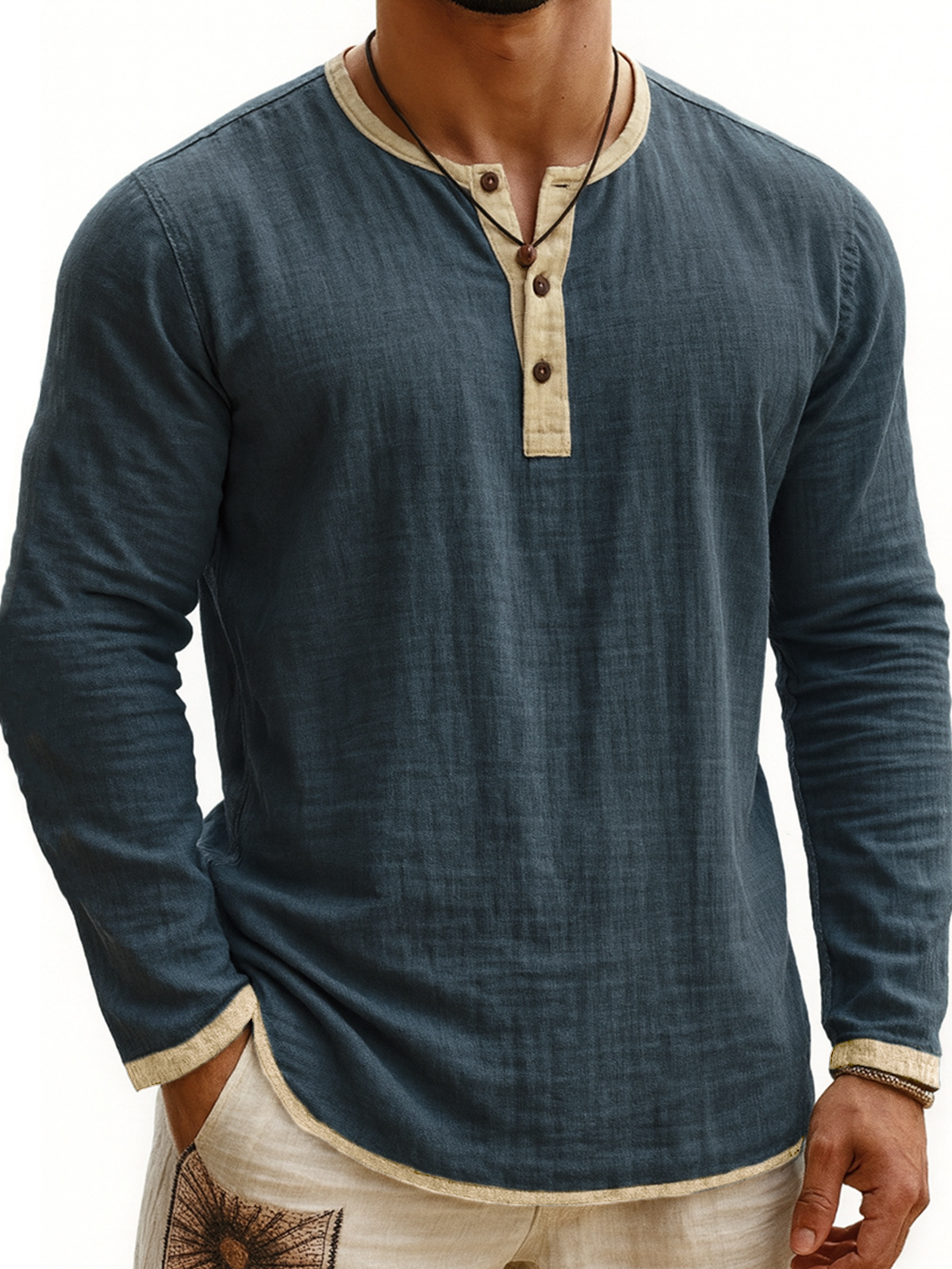 Digital Printing Two-tone Henley Shirt 3-button Men's Casual Long Sleeve - Image 2