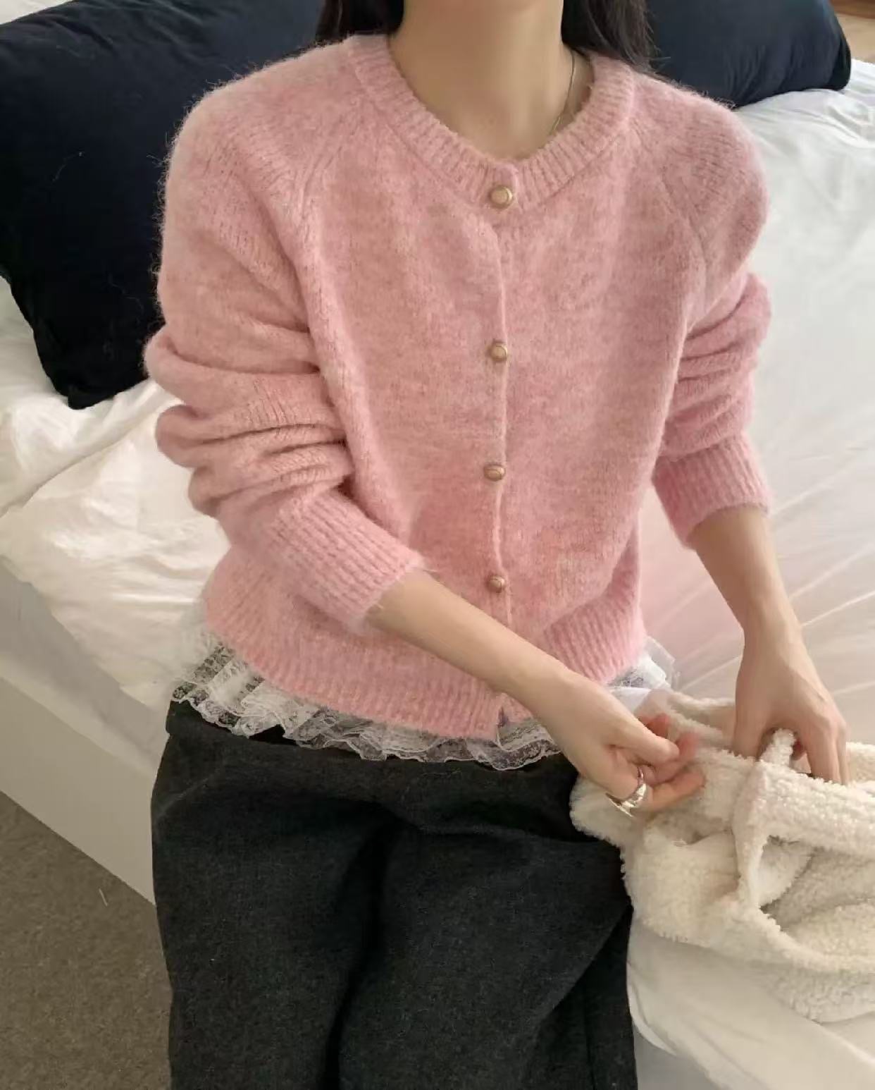 Metal Buckle Round Neck Knitted Cardigan Loose Casual - Image 8