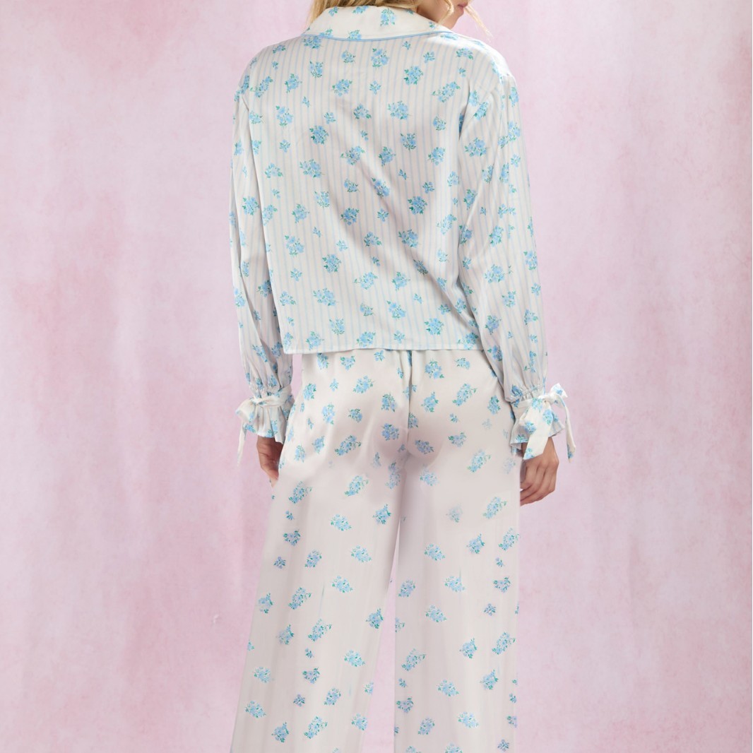 Silk-like Printed Floral Long-sleeved Lapel Pajamas Suit - Image 3