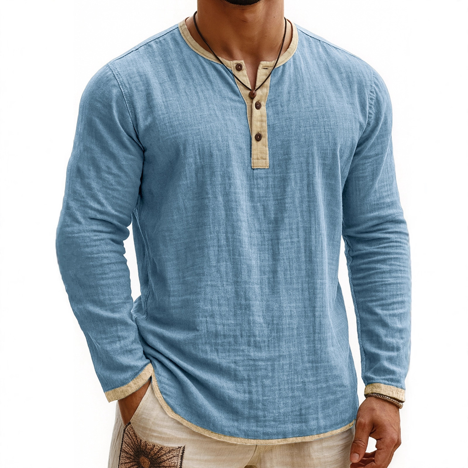Digital Printing Two-tone Henley Shirt 3-button Men's Casual Long Sleeve - Image 4