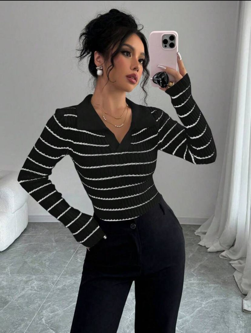 Striped Long Sleeve T-shirt Slim Fit Base Knitting Women - Image 8