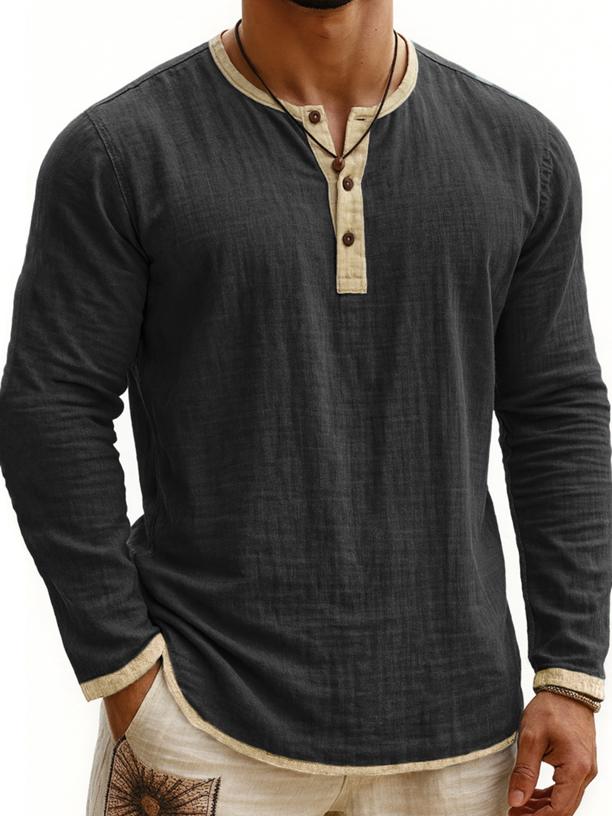 Digital Printing Two-tone Henley Shirt 3-button Men's Casual Long Sleeve - Image 3