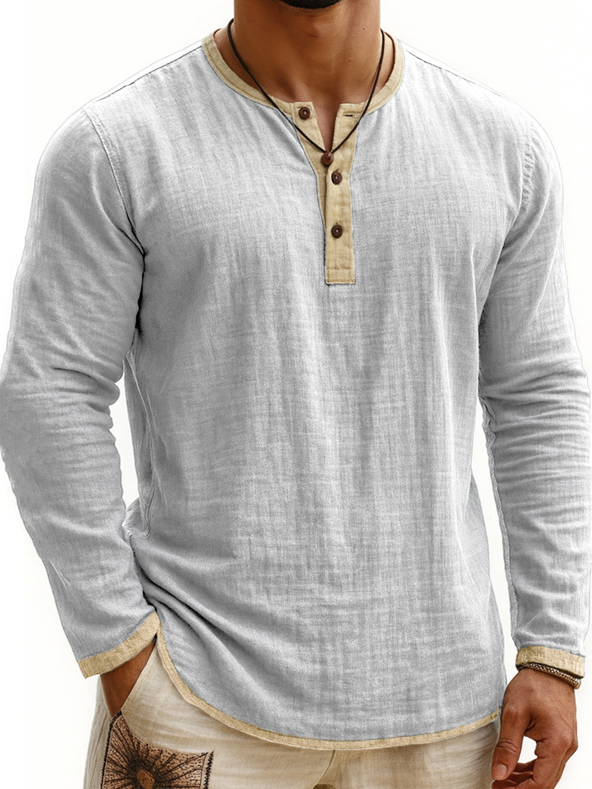 Digital Printing Two-tone Henley Shirt 3-button Men's Casual Long Sleeve - Image 9